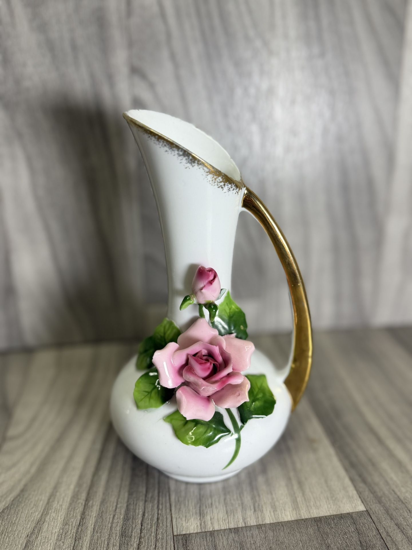 Vtg STERLING CHINA JAPAN Porcelain Ewer Vase 3D Applied Pink Roses Gold Trim