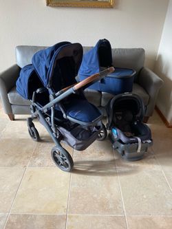 Uppababy V2 Vista Double Stroller with Car Seat and Bassinet dark blue