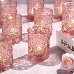 24pcs Pink Votive Vintage Flower Glass Tealight Candle Holders for Table Centerpiece