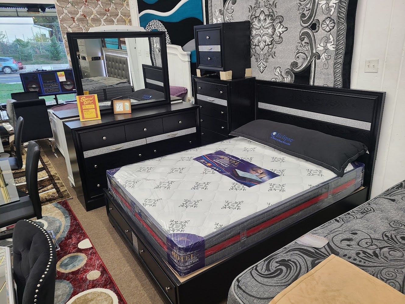 New stock B4670 black storage with free queen mattress 6pc bedroom set special