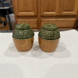 Vintage Mid-century Woodwith Green Ceramic Pair of Salt and Pepper Shakers.  Preowned never used.  