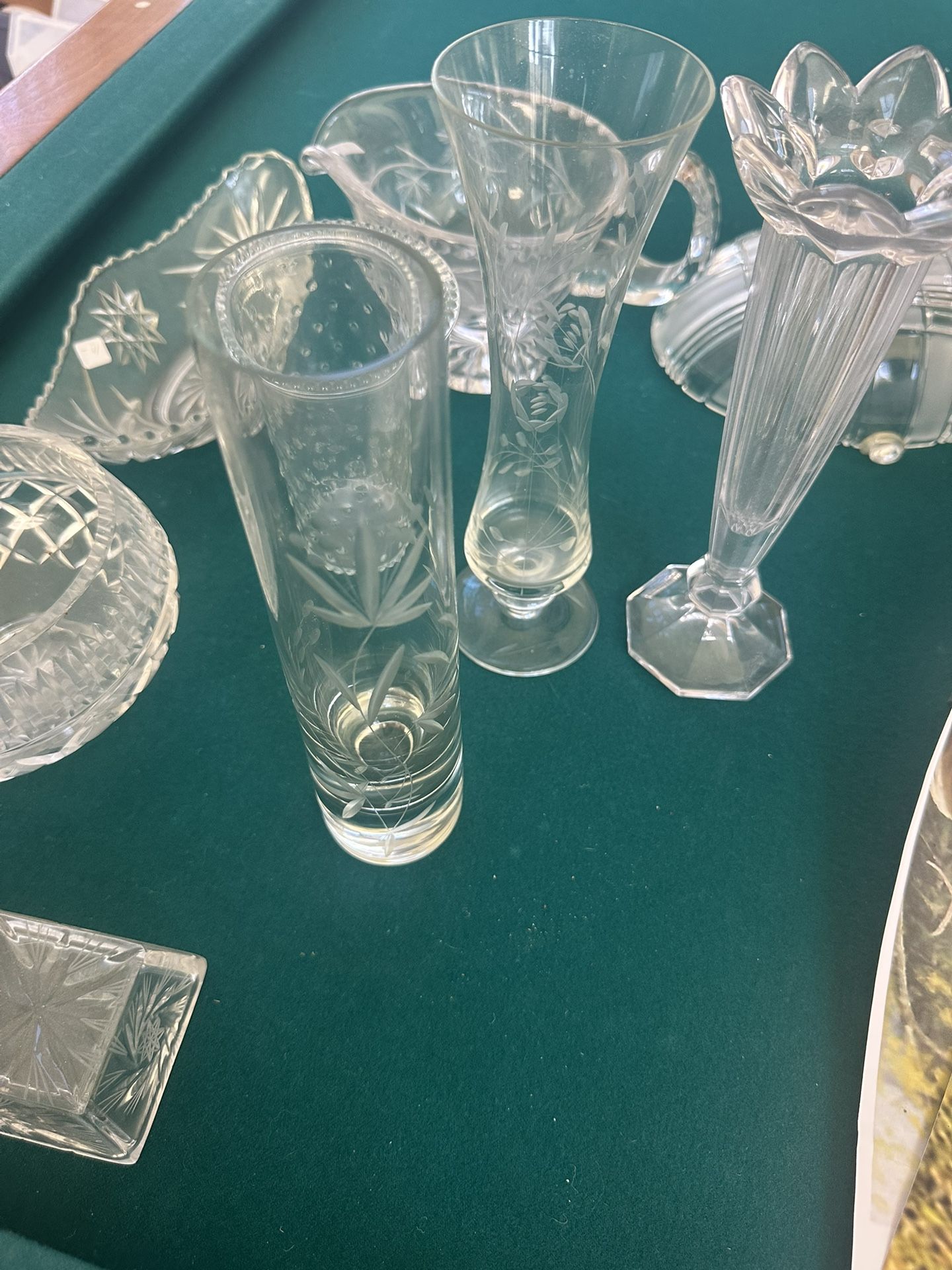 Vintage Cut & Pressed Crystal Glass Collection — Floral & Starburst Etched, 1940s–60s, 8 Pieces
