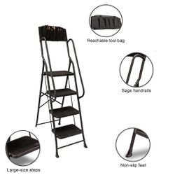 New FOOWIN Step Ladder, 4 Step Folding Ladder with Handrails and detachable tool bag