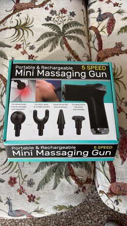 Portable & Rechargeable 5-Speed Mini Massaging Gun (similar to the Kole Imports GE016 Mini Massaging Gun), which comes with four interchangeable heads