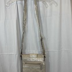 Tignanello Silver Cream Logo Fabric Small Roomy Crossbody Bag
