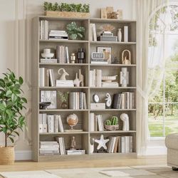 74.3” Double Wide 6-Tier Bookcase, Extra Large Wooden Freestanding Display Bookshelf for Home Office Living Room, Gray