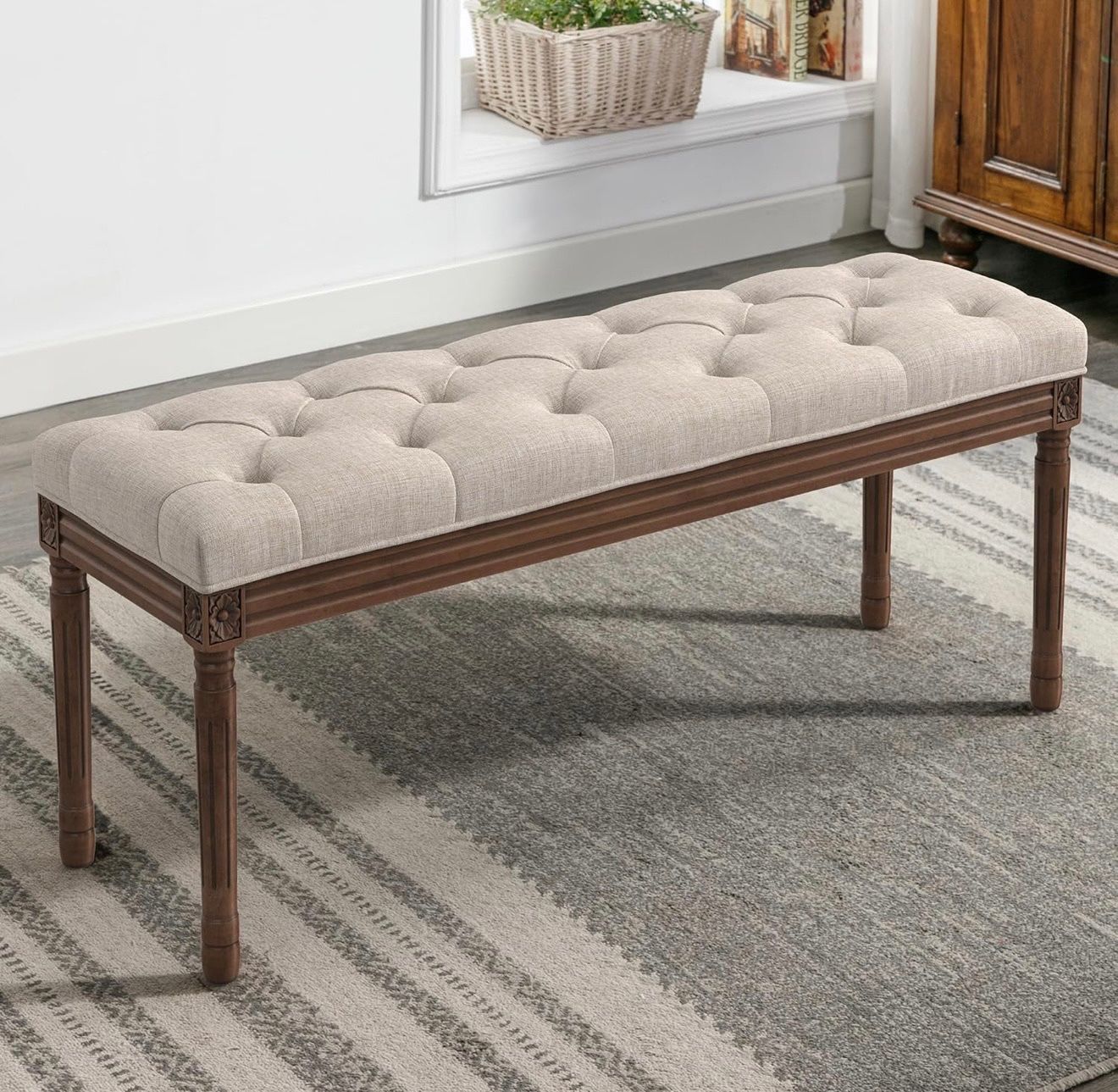 44" Bedroom Bench, Fabric End of Bed Bench. Linen Color 
