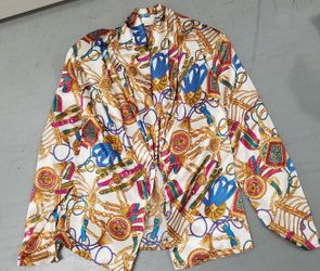 Vintage Anna Kriste Busy Blue Pink Holiday Womans Blouse Top Shirt Size 10 USA