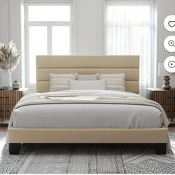 Queen Size Platform Bed Frame with Velvet Upholstered Headboard and Wooden Slats Support, Fully Upholstered Mattress Foundation/No Box Spring Needed/E