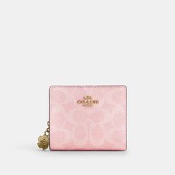Coach Snap Wallet In Powder Pink Signature Canvas With Charm