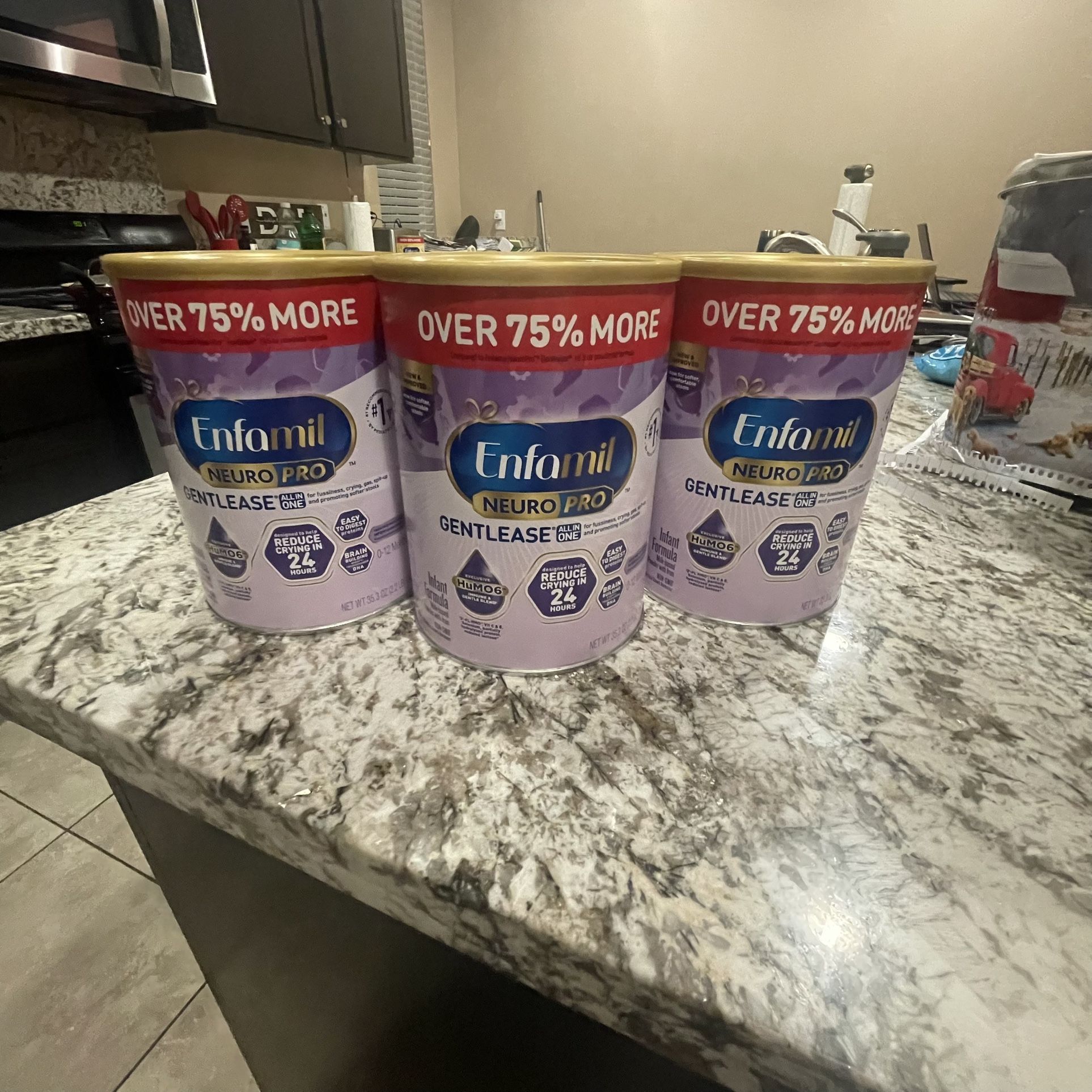 3 X-LARGE 35.3 Oz CANS of Enfamil Neuro Pro Gentlease Sensitive Baby Formula  75% Mas Gratis