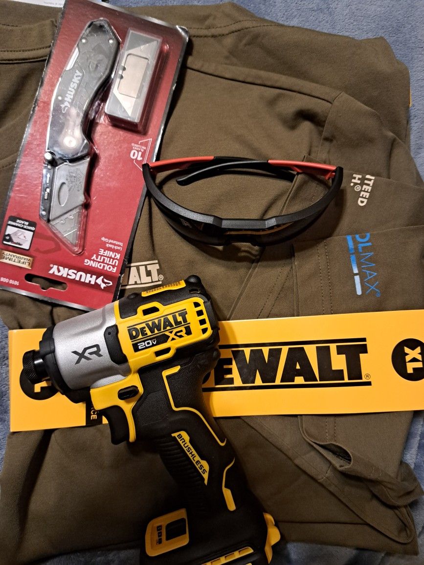 **NEW DEWALT XR 20V IMPACT 3 SPEED, HUSKY KNIFE ,SAFETY GLASSES MILWAUKEE,  SHIRT  DEWALT  XL.$130