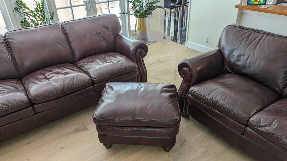 Leather Couch Loveseat Ottoman Set 3 pieces