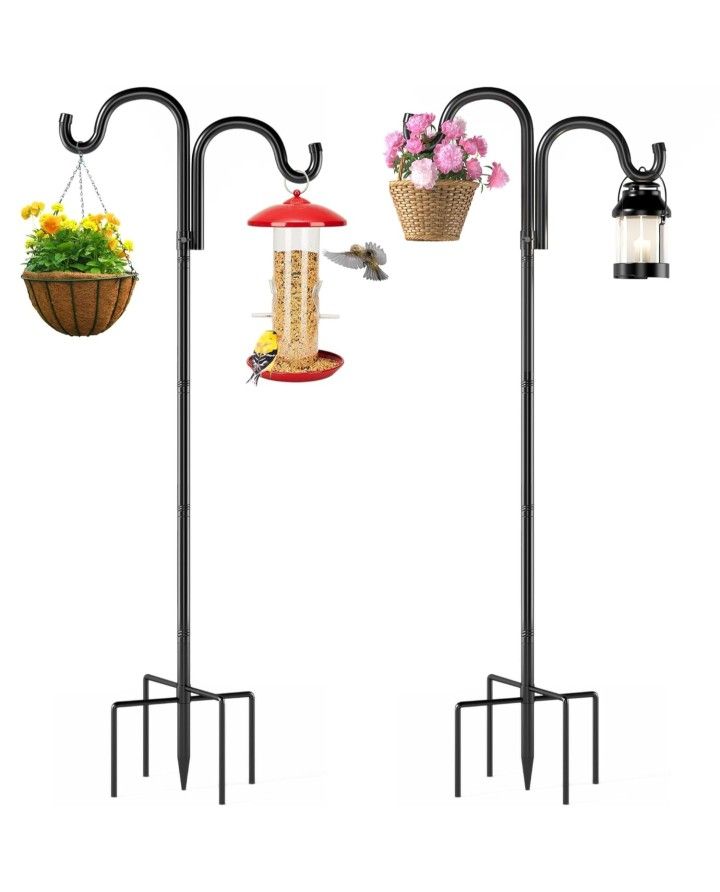 Double Shepherds Hooks for Outdoor,76" Heavy Duty Bird Feeder Pole with 5 Prong Base