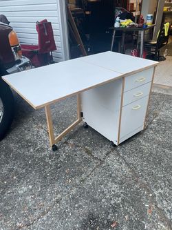 White Rolling foldable sewing room table with 3 Drawers