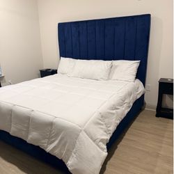 (FRAME ONLY) King Size Upholstered Platform Bed - Blue Velvet