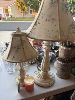 Pair of Vintage Floral Table Lamps with Crystal Drops