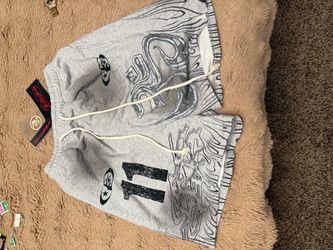 Gray Graphic Hellstar Fleece Shorts with Drawstring