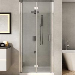 2412 $200 36 to 37-1/4 in. W x 72 in. H Bi-Fold Frameless Shower Doors in Chrome with Clear Glass Bi-fold glass shower doors: installation width from