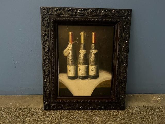 Vintage Hand Painted Still Life Wine Bottles On Canvas 