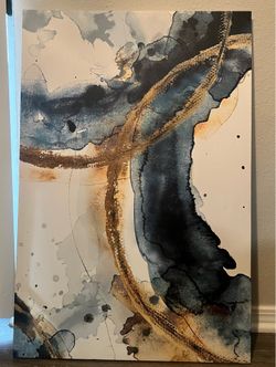 Large 37" Modern Abstract Canvas Wall Art (Blue & Gold)