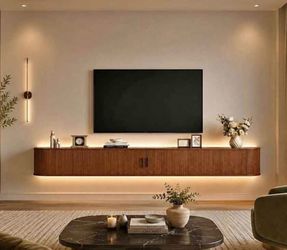 TV Stand with Power Outlet for TVs up to 65", Walnut Fluted Entertainment Center with Remote Control for LED Lights, Mid-Century Modern TV Console w/S