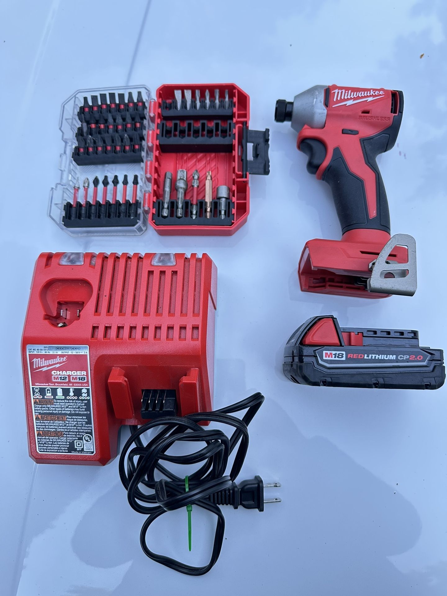Milwaukee M18 Brushless Cordless 1/4 Compact Impact Driver Battery and Craftsman Set