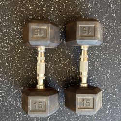 Pair of 15 Pound Rubber Coated Hex Dumbells 