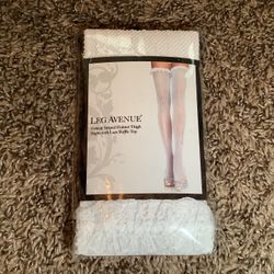 Leg Avenue vertical striped fishnet thigh highs w/lace ruffle top, white, OS