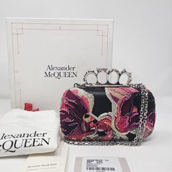 Alexander McQueen Four Ring Knuckle Purse Black Pink Embroidery Box Clutch Bag  Sequence Floral Beaded Swarovski Crystal