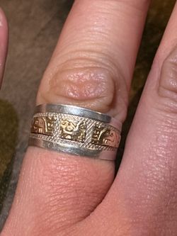VTG. Sterling Silver/18K Gold Ring engraved Panel Scene Adjustable