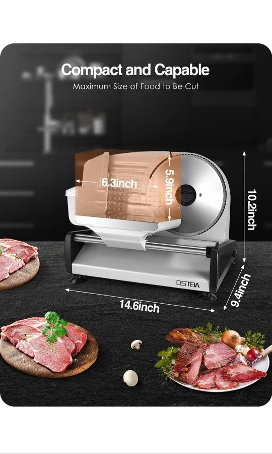 OSTBA Meat Slicer Electric Deli Food Slicer with Child Lock Protection, Removable 7.5’’ Stainless Steel Blade and Food Carriage, Adjustable Thickness