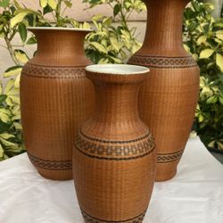 3 Chinese Porcelain Vase Covered In Woven Bamboo People’s Republic China