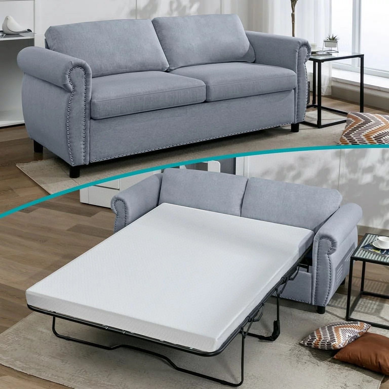 2-in-1 Pull Out Sofa Bed | Upholstered 2 Seat Loveseat Sofa | Full Size Convertible Couch Bed with Mattress | Sleeper Sofa Couch