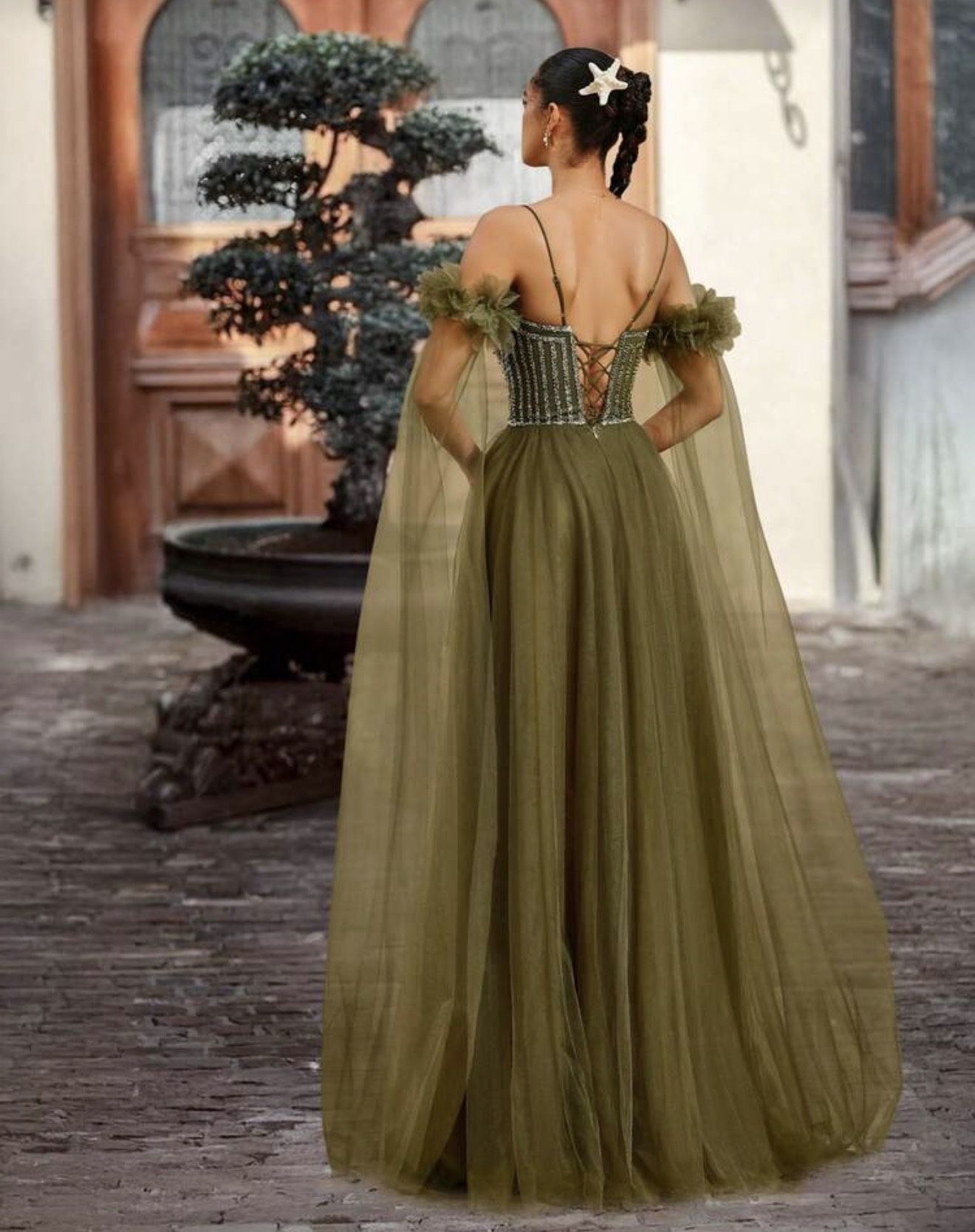 Elegant Olive Green Evening Gown – Brand New