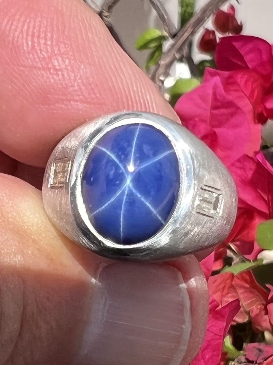 Mens Lindee Blue Star Sapphire 14KT White Gold Baguette Diamond  Ring “STUNNING”