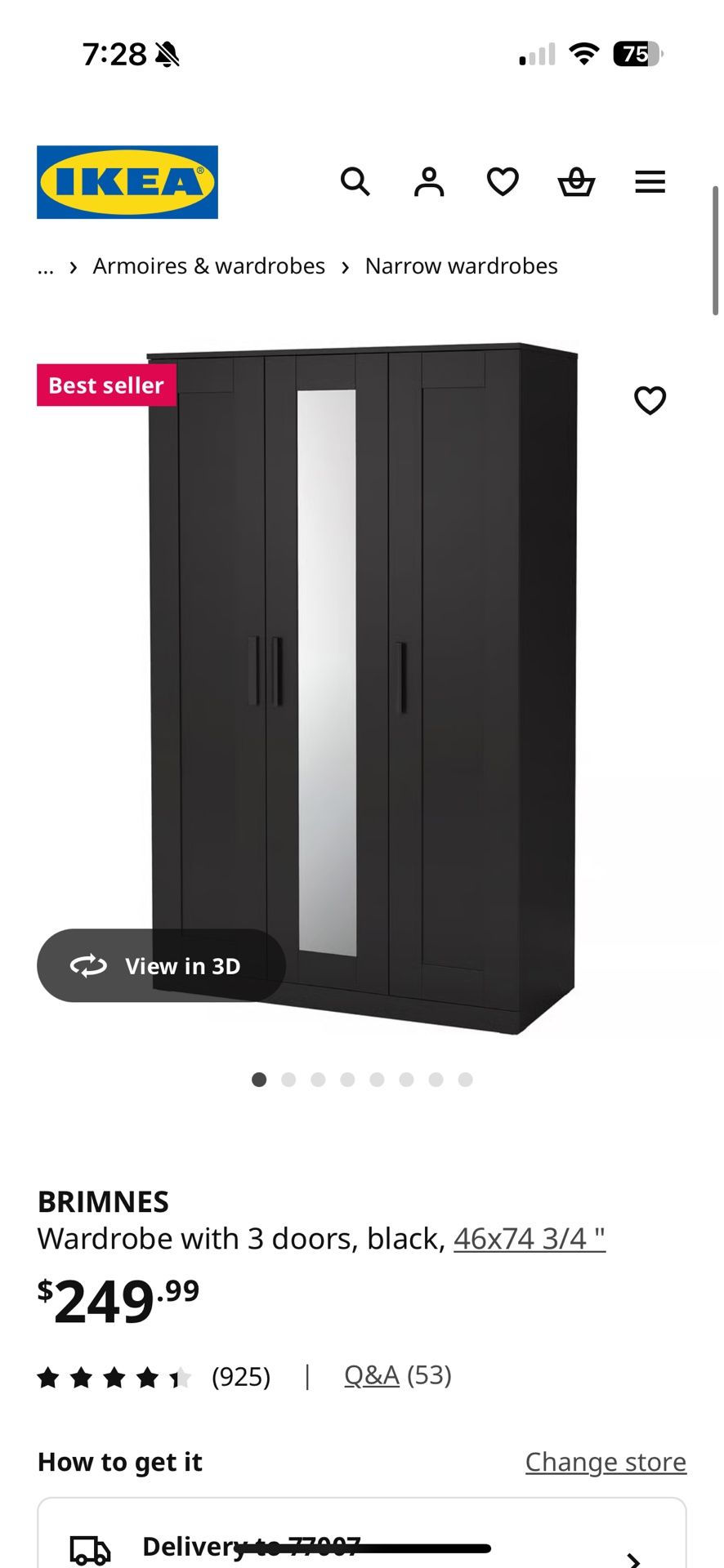 IKEA Brimnes Black Wardrobe With 3 Doors