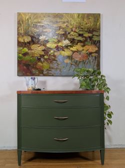 Sage Green Bowfront Dresser – Solid Wood Top – Nursery / Bedroom Ready