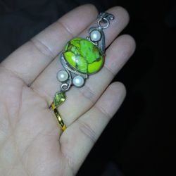 Over 2" Long Narural Vibrant Green Turquoise Pave Pendant With 3  4mm Akoya Pears, & Green Peridot Statement Penant
