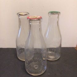 (3) Vintage Glass One Quart Milk Bottles With Tops Rare