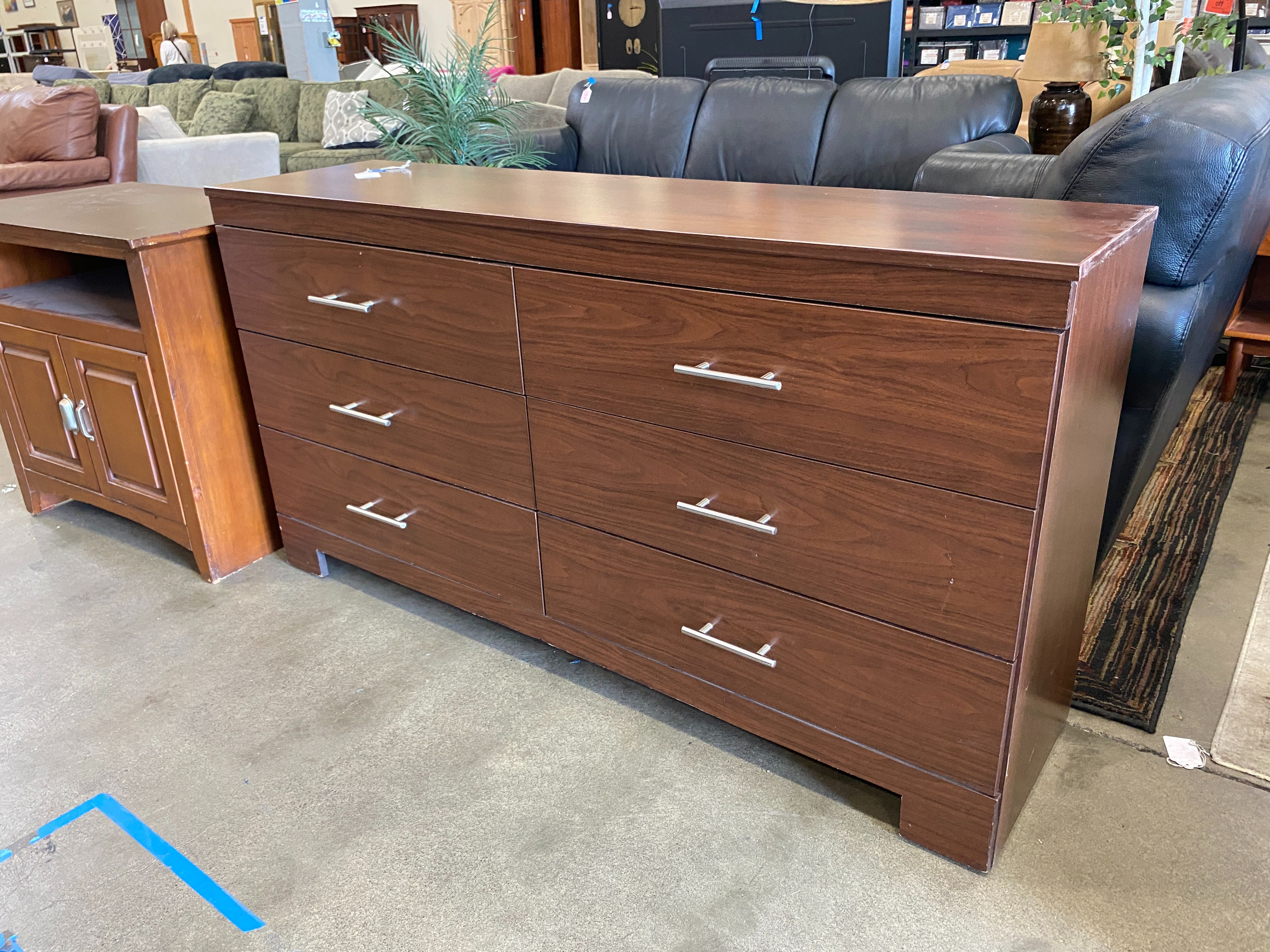 Red Brown 6 Drawer Dresser with Silver Hardware