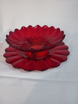 Vintage Ruby Red Glass Bowl and Plate Set