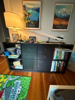 IKEA KALLAX Shelving Unit 2x4 (Black-Brown) w/ Drawer & Door Inserts