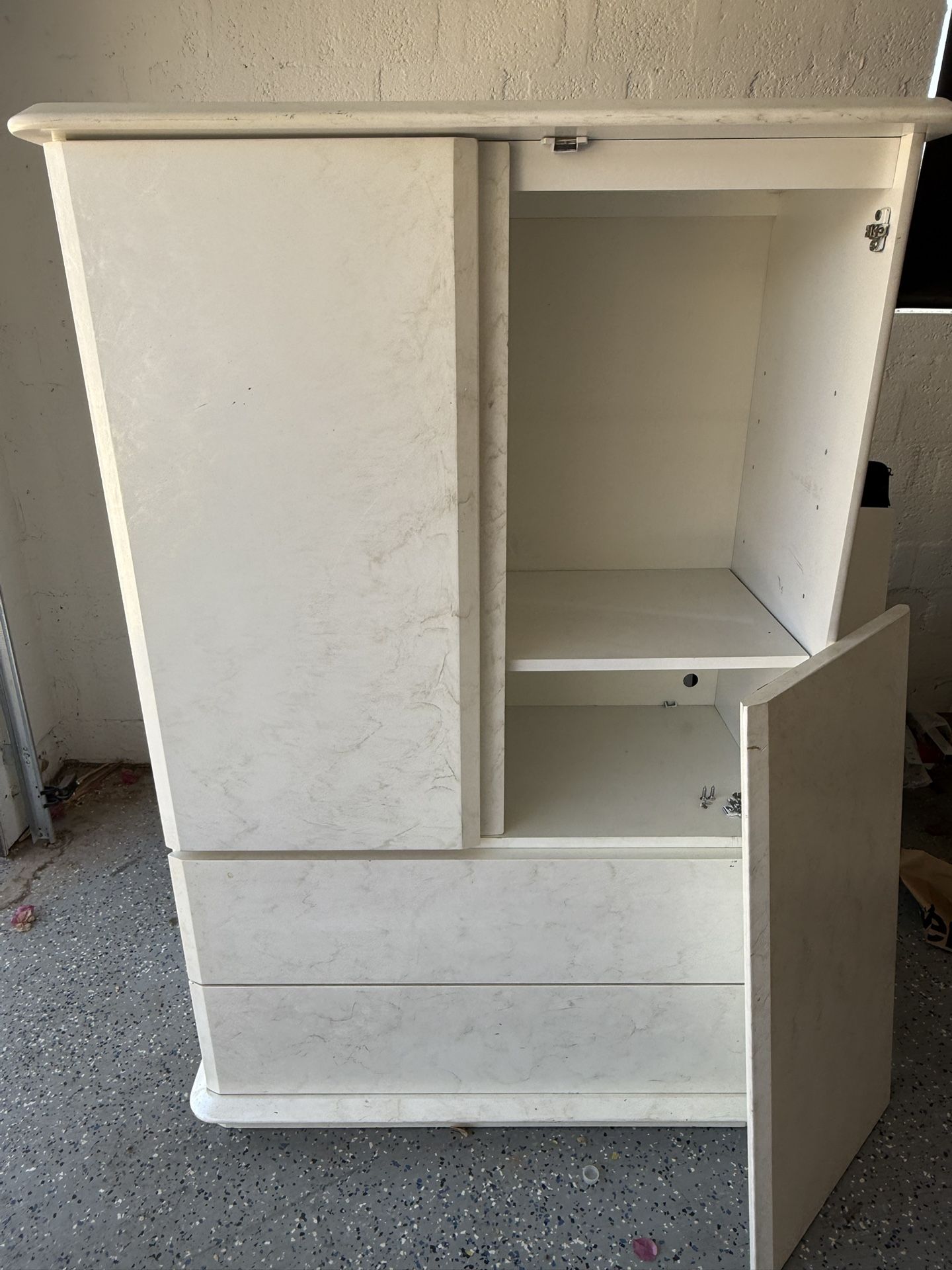 White Armoire With Three Shelves And Two Drawers White