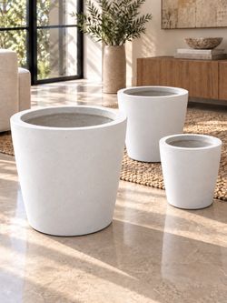3PC Concrete Round Planter , Luxurious Lightweight, Fiberglass,Pure White , with Drainage Hole & Plug