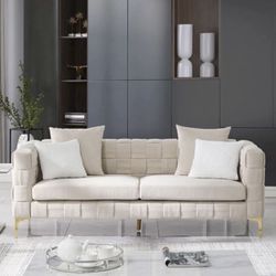 Living Room Contemporary Sofa, Luxury 3-Seat Couch, Tufed Sofa with Pillow, Couch with Metal Legs, Furniture  (Beige, 85" L*35" W, Snowflake Velvet)