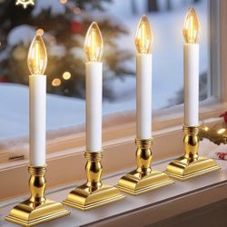 Window Candles with Sensor Dusk to Dawn Electric Corded, 9.6'' Plug-in LED Window Candle Lights with Gold Holder and 6ft Cord, Christmas Candles for W
