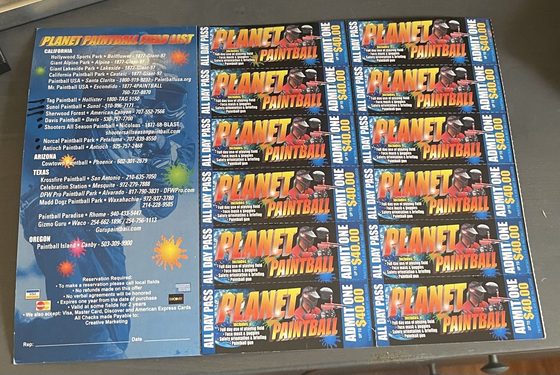 Planet Paintball 12 Admission Tickets $480 Value