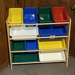 Kids' Toy Storage Organizer with 11 Plastic Bins — Natural Wood with Brightly Colored Bins — 10.9" D x 33.6" W x 31.1" H