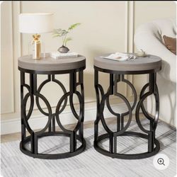 NY190Round End Table, Industrial Side Table with Metal Hollow Frame